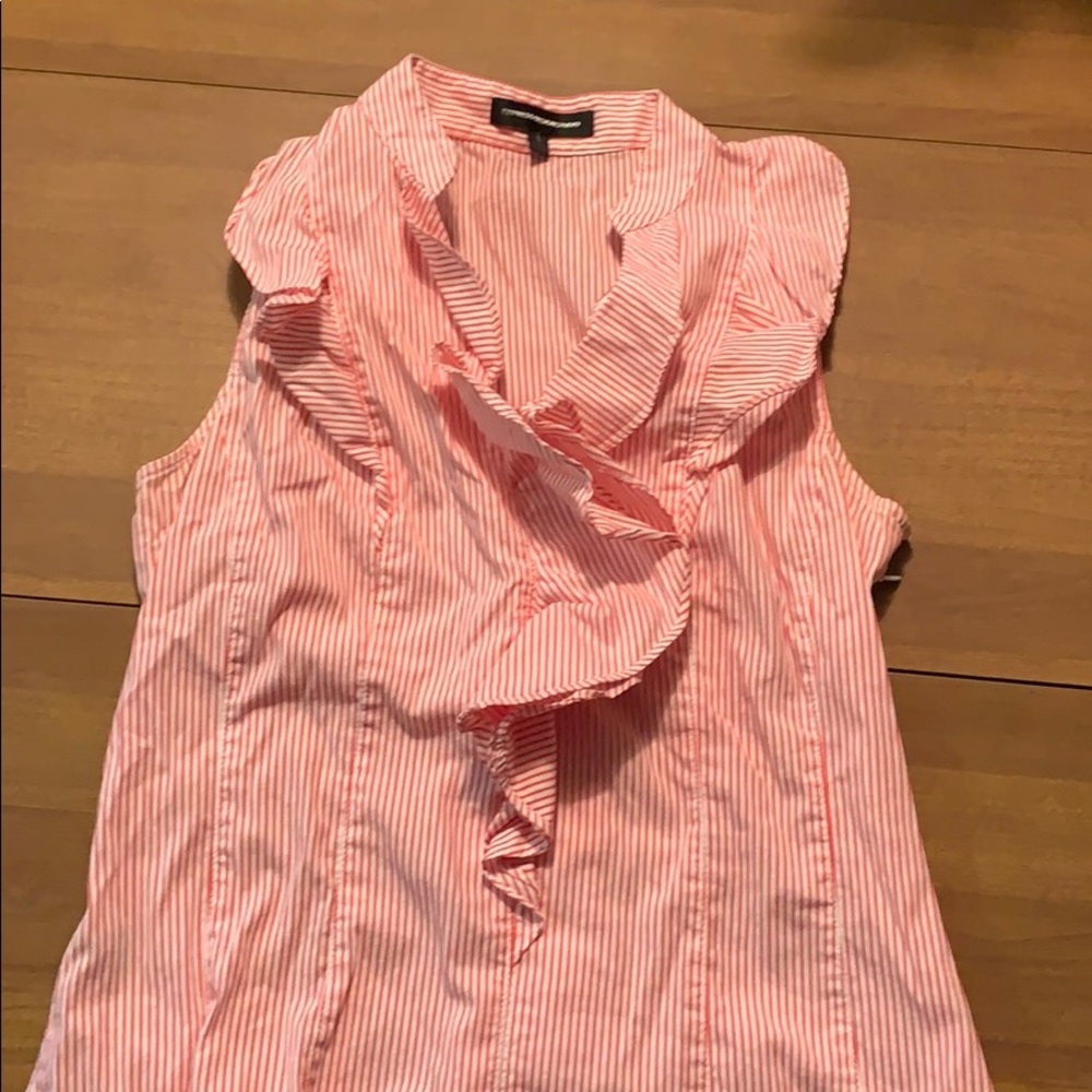 Pink/coral and white stripe blouse with ruffle